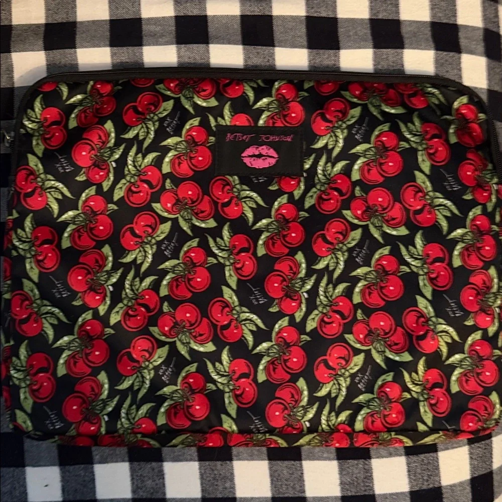 Betsey johnson laptop sleeve - Cherry Print - Black Background with Red Cherries